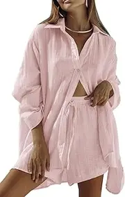 [VamJump] Women's 2 Piece Outfits Casual Long Sleeve Button Down Shirt and Shorts Tracksuit Matching Sets