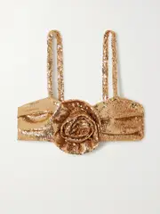[PATBO] PATBO - Rosette Cropped Sequined Stretch-satin Top - Gold - US8 US 8 Gold