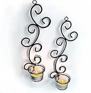 Lily’s Home Deco Swirl Wall Sconce Tea Light Candle Holders, Steel, Black, Set of 2, with 2 Clear Glass Tealight Candle Holders