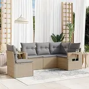 5 Piece Garden Sofa Set with Cushions Beige Poly Rattan, Garden Furniture Sets