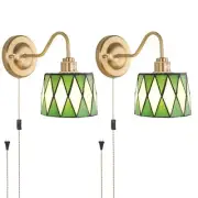 Plug in Wall Sconces Set of 2, Vintage Wall Lamps 2 Light Plug in Green Checker