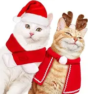 Whaline Pet Christmas Costume Outfit Set Reindeer Antlers Headband Santa Christmsas Hat Red Scarf and Pet Cloak for Dog Cat Pet Christmas Party Cosplay Supplies, 4 Pack
