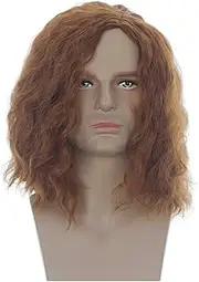 KUOSI Male Red Brown Fluffy Curly Wig Men Shoulder Length Cosplay Costume Wig for Halloween Party