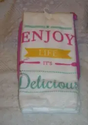 Dish Towel Set "Enjoy Life It's Delicious" Potholder Spatula Pink Yellow Aqua