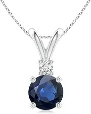 [Angara] Natural Round Blue Sapphire Solitaire V-Bale Pendant Necklace with Diamond in Sterling Silver/10ct/14ct Solid Gold for Women | September Birthstone Jewellery for Her