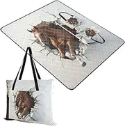 Yoogain Picnic Table Portable Party Portable Blanket for Outdoorsy People Picnic Items 3D Hole White Wall Animal Horse 60x80in