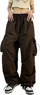 [OULIWANGLUO] Women's Drawstring Multi Pockets Parachute Pants Y2K High Waist Wide Leg Cargo Pants Casual Baggy Joggers Trousers