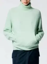 Tibi XL Douillet Turtleneck Easy Pullover Sweater Pale Mint Wool Pocket Cozy NWT