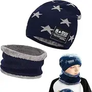 [Amebleak] Children's Winter Hat and Scarf Set, Winter Warm Beanie Hat, Unisex Knitted Hat with Fleece Lining Hat Scarf, Wool Knitted Hat and Loop Scarf for 6-14 Years Old Boys Girls