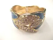 Graceful Blue Enamel Golden Metal Leaf Shape Glinted Crystal Bangle Bracelet
