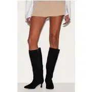Black Faux Suede Point Toe Low Heeled Knee High Boots, Black