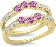 [Dazzlingrock Collection] 14K Gold Round Cut Pink Sapphire & White Diamond Ladies Wedding Band 3 Stone Enhancer Guard Double Ring