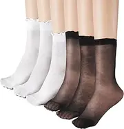 [ecdiykit] 6 Pairs Sheer Ruffled Socks, Black Sheer Nylon Socks for Women, Nude Stocking Summer Sheer Nylon Scok One Size for Women Girls Thin Fashion Black White, Black, One Size