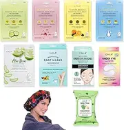 Zomac Face Mask Gift Set -10 Items- Cala Collagen, Cucumber, Aloe Vera, Vitamin C, and Hyaluronic Acid Face Masks, Eye Patches, and Foot Masks. Includes Gift Bag and Custom Shower Cap.