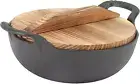 Cast Iron Wok, Stir Fry Pan with Wood Wok Lid and 2 Handles, Flat Base Chines...
