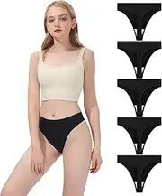 [ROOOKU] Women’s Seamless Thongs 5Pack No Show Underwear High Waisted Breathable Panties Stretch T-Back Thongs Comfy Soft Undie