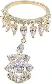 [IMINI] Dangle Charm Diamond Ring for Women Girls Shiny Rhinestone CZ Dangling Waterdrop Tassel Crystal Open Statement Ring Engagement Promise Rings Finger Band Fashion Jewelry Gifts BFF