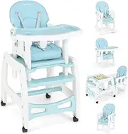 INFANS 5 in 1 Baby High Chair, Convertible Toddler Table Set, Rocking Chair, Multi-Function Seat with Lockable Universal Wheels, Adjustable Seat Back, Removable Trays (Blue)