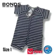 Bonds Baby Zip Romper Short Sleeve Size 1 Wondersuit Navy White Stripes