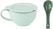 Soup Bowl with Handle Japanese-Style, Two-Color 480ML Soup Bowls Mug Cup with Lid and Spoon in China Porcelain Ceramic Microwaveable Microwave Safe for Breakfast Milk-Green A