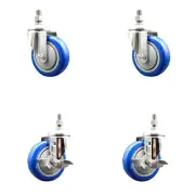 4 Inch 316SS Blue Polyurethane Swivel 3/8 Inch Threaded Stem Caster Set 2 Brake