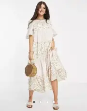 River Island tiered mixed print bardot maxi dress in pink Size 8