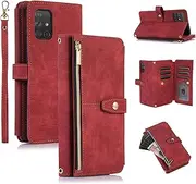 UEEBAI Case for Samsung Galaxy A51 4G, 9 Card Slots Retro Leather Wallet Shockproof Flip Cover with Hand Strap Card Slots Zipper Pocket Kickstand Handbag Magnetic Closure - Retro Red Wine
