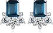 [Gdirection] 925 Sterling Silver CZ Zircon Simulated London Blue Topaz Stud Earrings for Women, Cubic Zirconia Emerald Cut Nano Gemstone Costume Jewelry with Friction Back and Gift Box, nano substances,