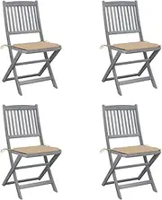 vidaXL Solid Acacia Wood Folding Outdoor Chairs, Set of 4 with Comfy Beige Cushions, Grey Washed Finish, Robust Weather-Resistant Terrace Furniture