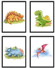WIETRE® Set of 4 Pictures Dinosaurs Nursery Baby Room Decoration Picture Boy Girl Posters DIN A4 Dinos T-Rex Animals (with Black Frame)