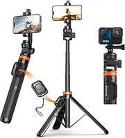 OOHHEE 158 cm Mobile Phone Tripod with Remote Control, 3-in-1 Tripod and Selfie Stick, Orange, Plastic, Compatible with iPhone/Samsung