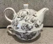 Elegance Stackable Teapot Teacup 2 in 1 Floral with Gold Trim New