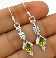 Natural Peridot 925 Solid Sterling Silver Earrings 1 2/3"Long @B4-2