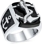 [Bling Jewelry] Personalize Mens Nautical Black Onyx Gemstone Or Etched Brown Wood Inset Large Boat Anchor Signet Ring For Men Solid .925 Sterling Silver Made In Turkey