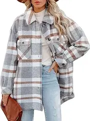 [CHYRII] Women's Red Plaid Fleece Shacket Button Down Long Sleeve Shirt Jacket Coats with Pockets