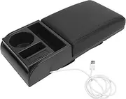 Universal Center Console Armrest Box Cover Adjustable Length With USB Charging Port Cup Holder Fit Car Armrest Box Extender(Black Line)