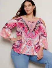 Autograph Top Plus Size 26 Tunic Shirt Blouse Boho Beaded Pink 3/4 Sleeve RP$90