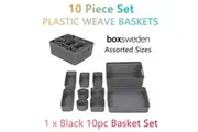 Set of 10 Black Plastic Weave Baskets Storage Carry Containers Organiser Boxes Bins