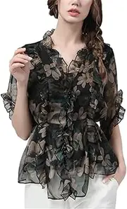 [Generic] Flowers Printed Chiffon Top Women Spring Summer Long Sleeve V-Neck Loose Plus Size Vintage Casual Shirts