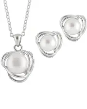 Splendid Pearls Rhodium Plated 6-6.5mm Pearl Necklace & Stud Sets