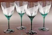 CZECH REPUBLIC CRYSTAL Aqua Wine Glass Etched Lines Set/4 Drinkware New