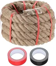 sourcing map Jute Rope 2 Inch x 20ft, Heavy Natural Thick Twisted Rope with 2 Roll Tapes for Crafts Railing Docks Tug of War Swing Nautical Landscaping