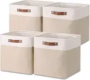 Collapsible Storage Cube Boxes, Linen Woven Fabric Storage Baskets, Cube Closet Organizer with Leather Handles(Pack of 4,33x38x33cm)
