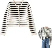 [Reovyck] Lady Patch Pocket Cardigan,2023 Women's Long Sleeve Striped Sweater Knitted Coat (Black White,One Size)