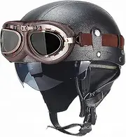 Motorcycle Open Face Helmet with Goggles Retro Half Shell Helmet Quick Release Buckle for Adults Men Women Motorbike Cruiser Scooter DOT/ECE Approved