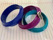 Set Of 3 Vintage Hong Kong Lucite Bangle Bracelets NOS Purple Teal Navy Saucers!