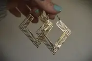 Golden Brass Hoop Earrings. Geometric Diamond Shape Abstract Jewellery