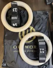Outworx Wooden Gymnastic Rings Pull Up Cross Fit Exercise W/Adjustable Straps