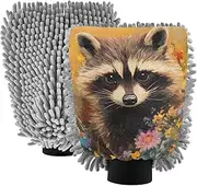 XYMZR Cute Raccoon Colorful Florals Absorbent Microfiber Car Wash Mitt, Funny Cute Anime Scratch Free for Cars Cleaning, Home Cleaning Mitts, 2 Pack, 10.24” L x 7.09” W