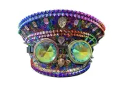 Mardi Gras Carnival Unisex Steampunk 2 Pc Hat w/Spiked Eye Goggles, Rhinestones